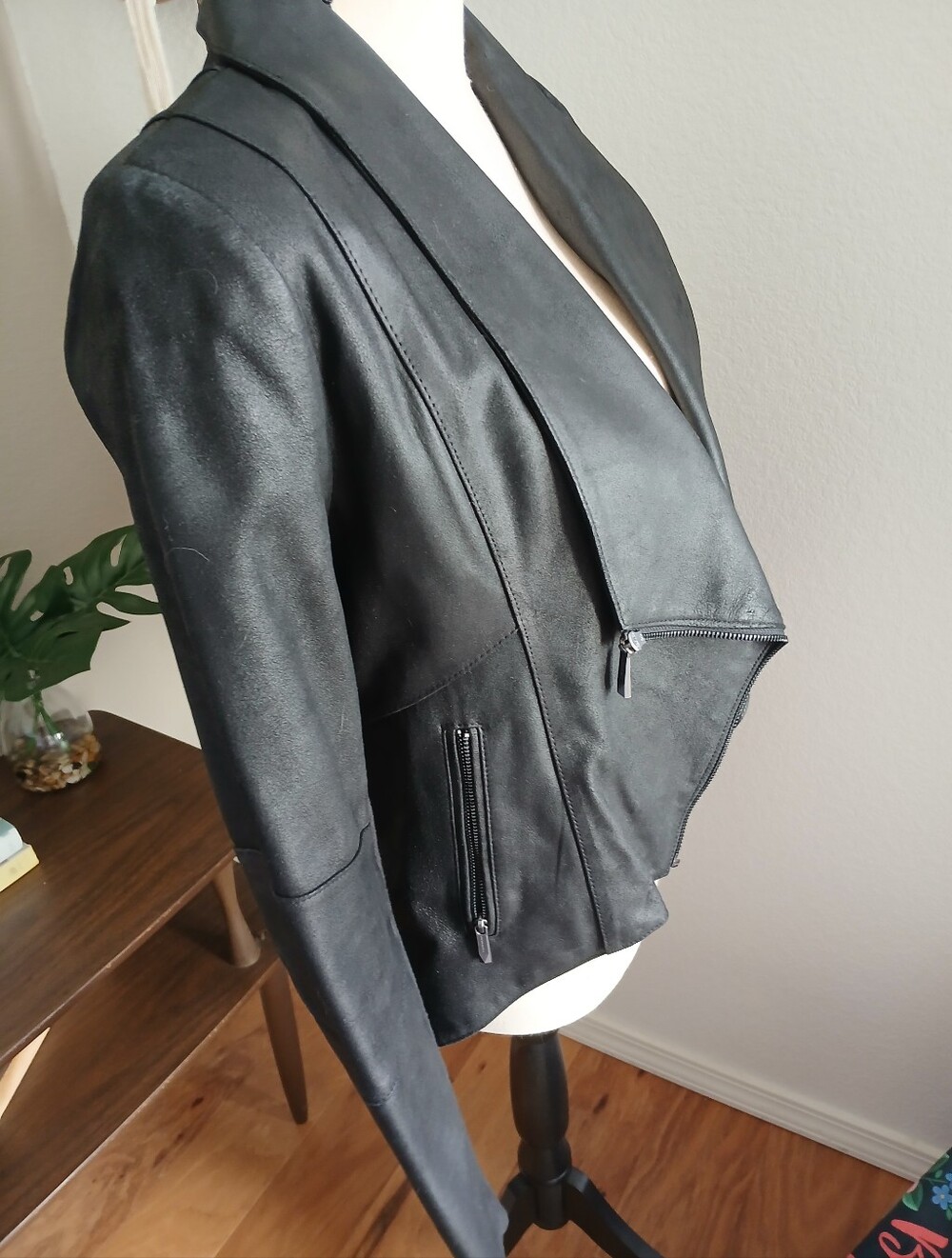 Beautiful Black Leather Draped Moto Jacket - Women